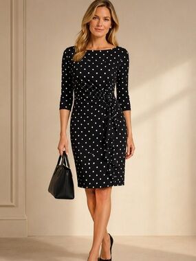 LAUREN RALPH LAUREN Polka Dot Ruched Sheath Dress Size 4 Classic Career Chic
